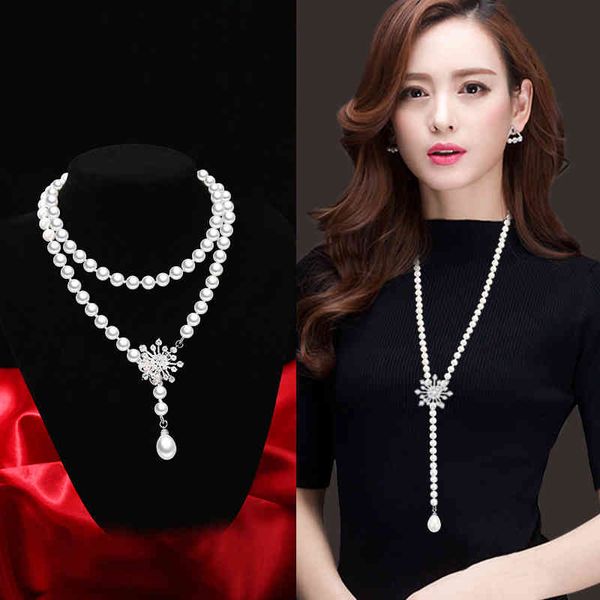

mother shell pearl sweater chain women's long style 2021 autumn and winter versatile pendant necklace jewelry, Silver