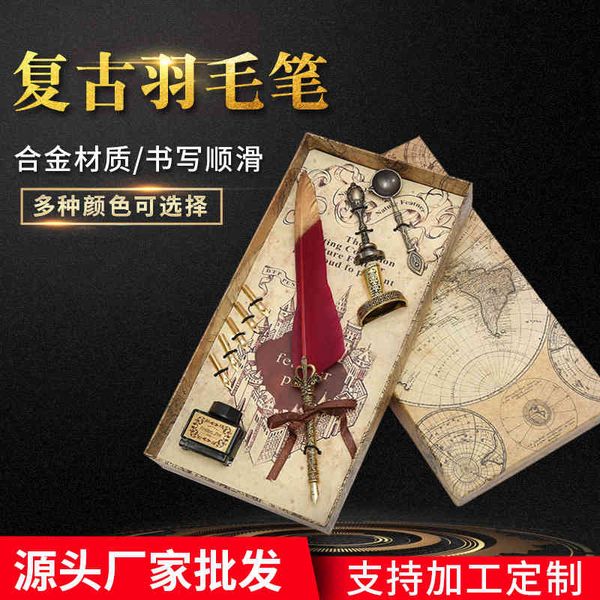 

head gold feather pen set gift feather pen crown dip in water signature