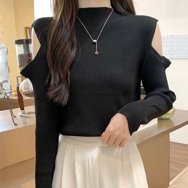 

women's sweaters autumn solid basic knitted pullover long sleeve hollow out knitwear femme half mock neck casual ribbed knit sweater, White;black