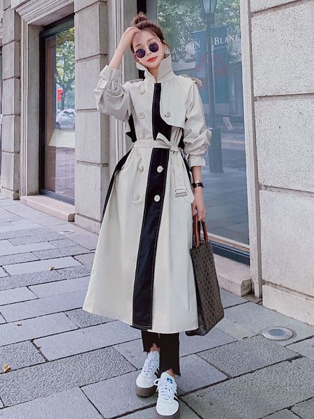 

women's trench coats elegant woman mid-length trench coat autumn fashion creamy-white windbreakers wild jacket ladies with belt, Tan;black