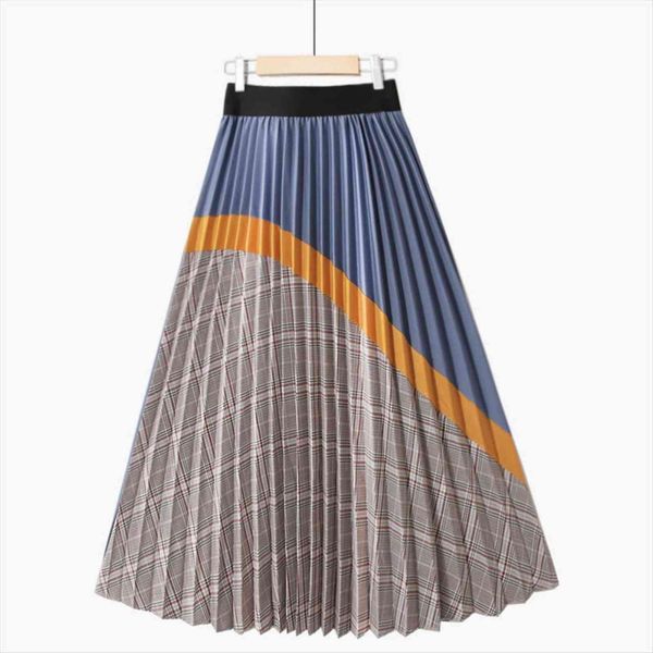 

summer jupe high waist women skirts plaid pleated print gradient patcwork vintage ladies midi office skirt casual faldas, Black