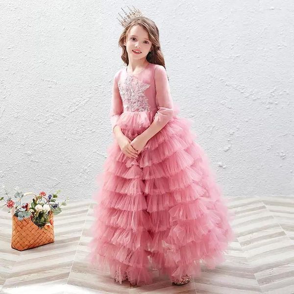 

girl's dresses flower girl illusion o-neck three quarter embroidery princess floor-length luxury pink tulle lace kids party gown h4761, Red;yellow