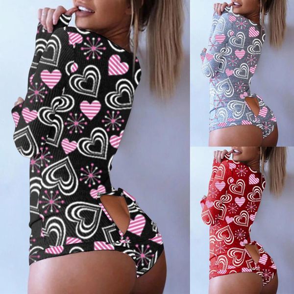 

women's jumpsuits & rompers women pijamas onesies button-down front v-neck heart-shaped print playsuit functional buttoned flap pyjama, Black;white