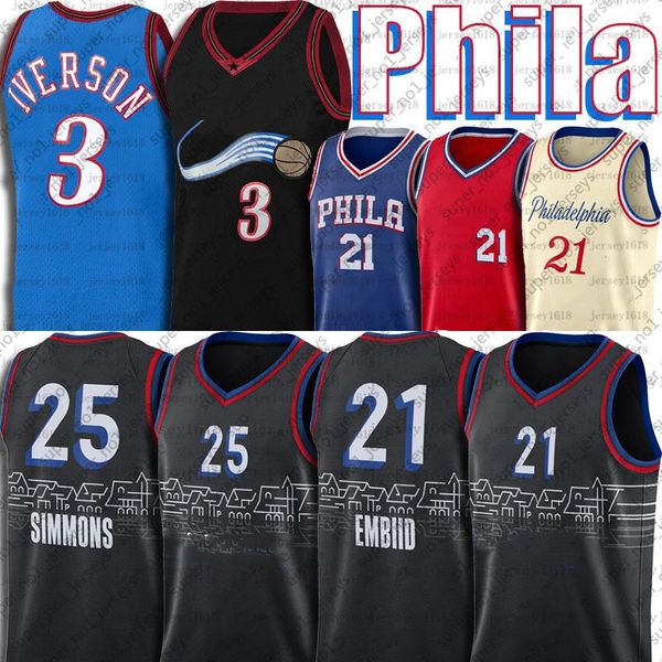 

joel 21 embiid jersey ben 25 simmons jerseys throwback allen 3 iverson philadelphias 76ers basketball jersey, Black;red