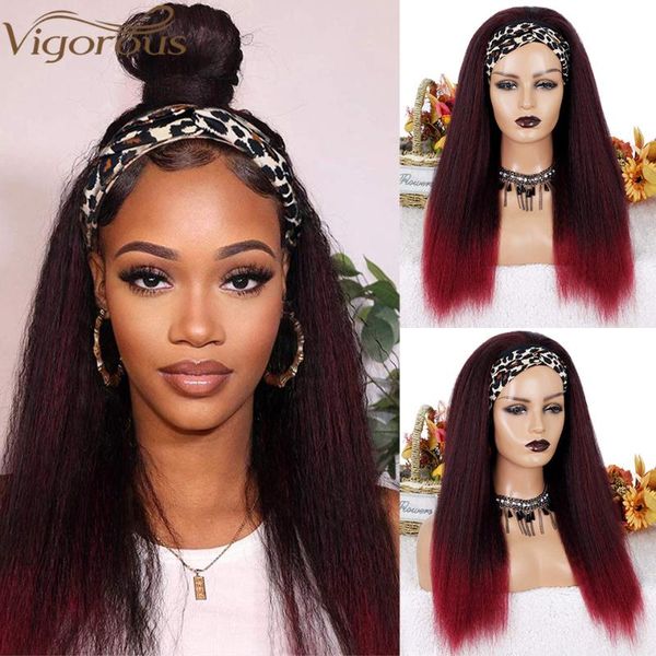 

vigorous long synthetic headband wig kinky straight wigs for black women yaki heat resistant hair