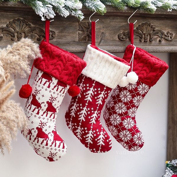 Klassische Weihnachtsschmuck gestrickte Weihnachtsstrümpfe Wollsocken rot weiß Elch Geschenktüte Kinder Geschenktüten T2I52984