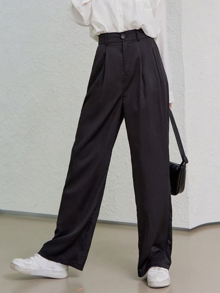 

dazy high waist fold pleated detail straight leg pants s1bf#, Black;white