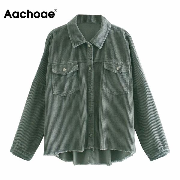 

aachoae fashion women solid corduroy jacket with pockets batwing long sleeve loose coat female turn down collar shirt 210413, Black;brown