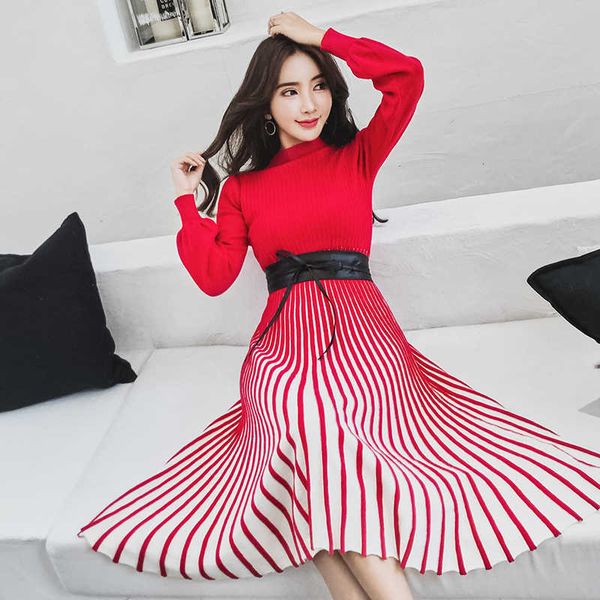 

fashion pleated knitted dresses women autumn winter patchwork striped warm soft sweater dress party with sashes 210529, Black;gray