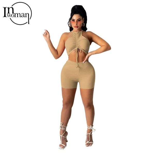 

inwoman two 2 piece set women outifits ladies matching ruched sleeveless bodycon lace up hollow out crop shorts sets women's tracks, Gray