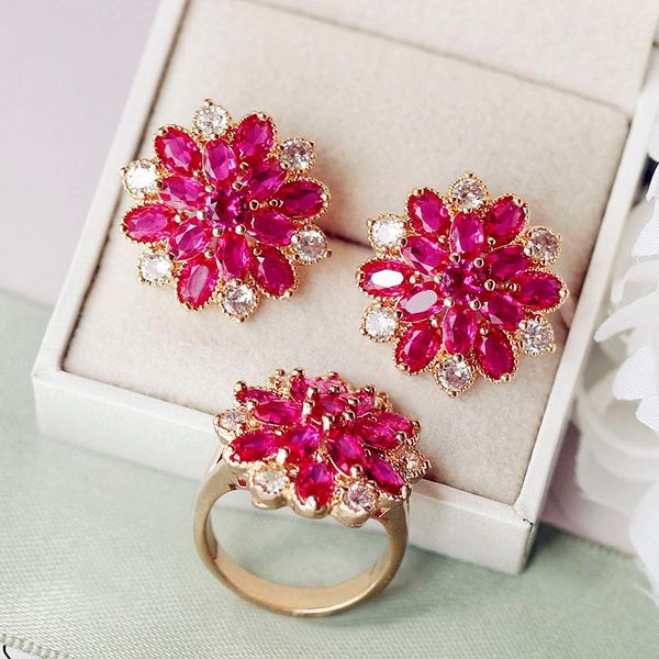 

earrings & necklace sun flower rose red cubic zirconia stone set girl ear clip jewelry women romantic valentine's day gift, Silver
