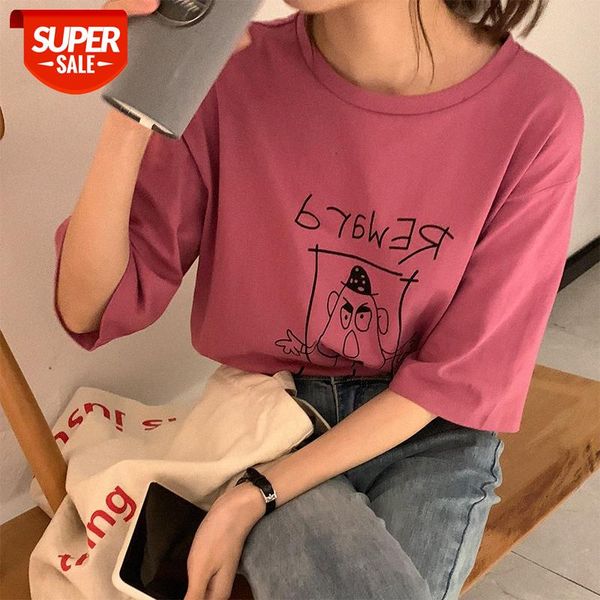 

[huang zheng] korean cartoon print short sleeve drop shoulder round neck pullover t-shirt female t71002 #fk59, Black;gray