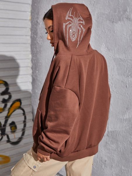 

zipper front rhinestone spider sweatshirt j156#, White;black