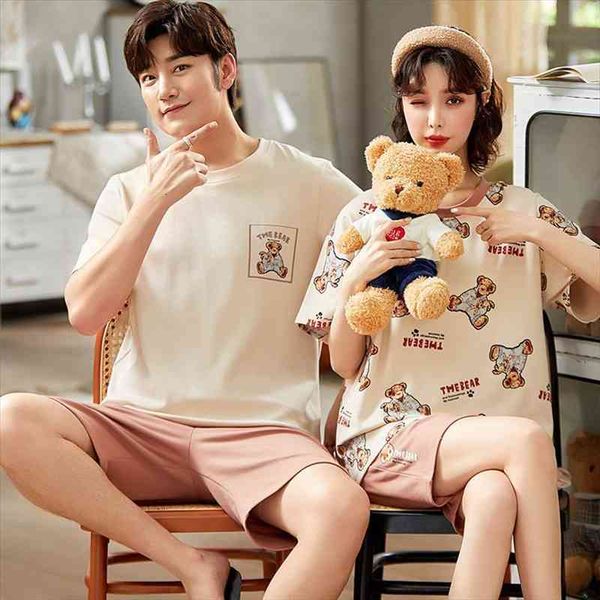 

couple nightwear korean cute little womens sleepwears bears cartoon pajamas set summer short sleeve cotton plus size men and sleewpear, Black;red