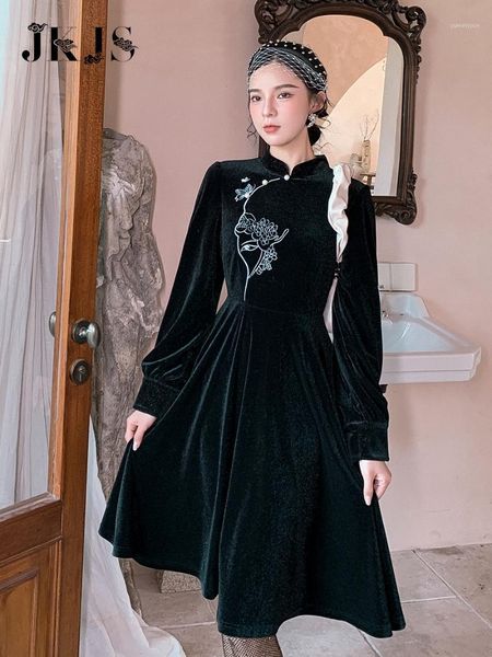 

casual dresses velvet cheongsam autumn/winter 2021 women's retro republic style dress modified version of the, Black;gray