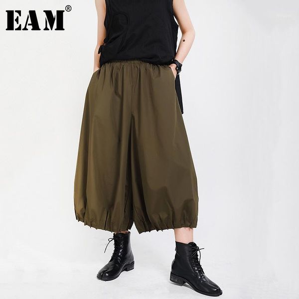 

women's pants & capris [eam] high elastic waist army green pleated wide leg trousers loose fit women fashion tide spring summer 2021 1x, Black;white