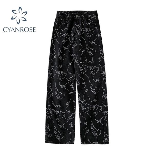 

high waist jeans woman plus size street style abstract print denim pants cotton loose coated vintage washed boyfriend 210629, Blue