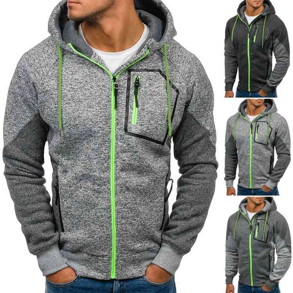

fashion fleece 2021 men's hoodies casual color matching sweater cardigan hooded jacket coat, Black