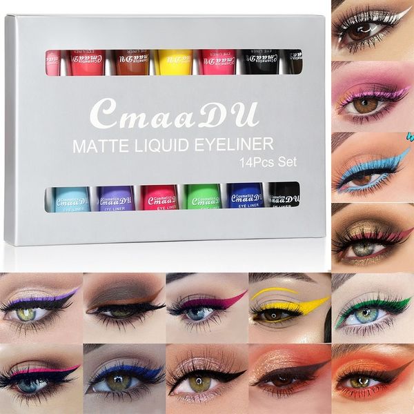 Cmaadu 14pcs / set Eyeliner colorato a lunga durata Eyeliner liquido opaco Eyeliner impermeabile Penna cosmetica Quick Dry Eyeliner bianco 14 colori