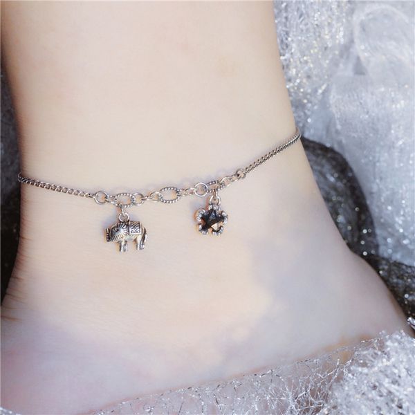 

anklets s925 sterling silver black diamond elephant anklet personality national style versatile five pointed star women, Red;blue