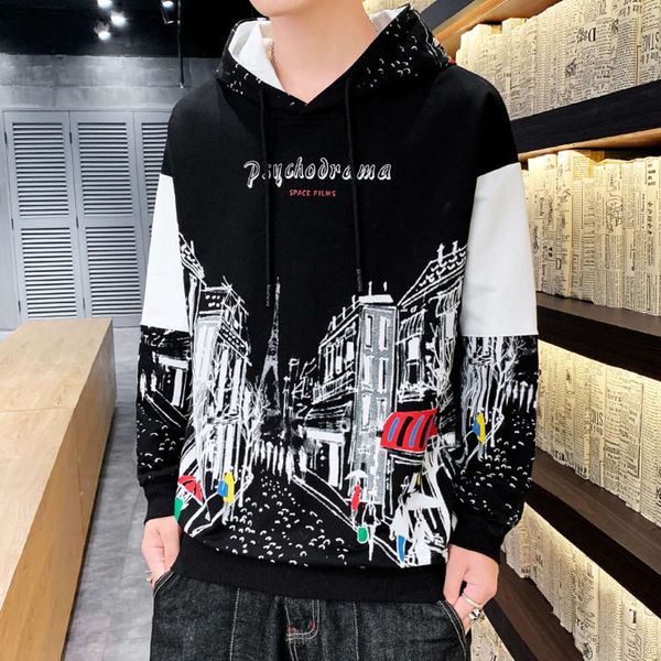 

autumn printed hooded pullover youth long sleeve leisure sweater, Black