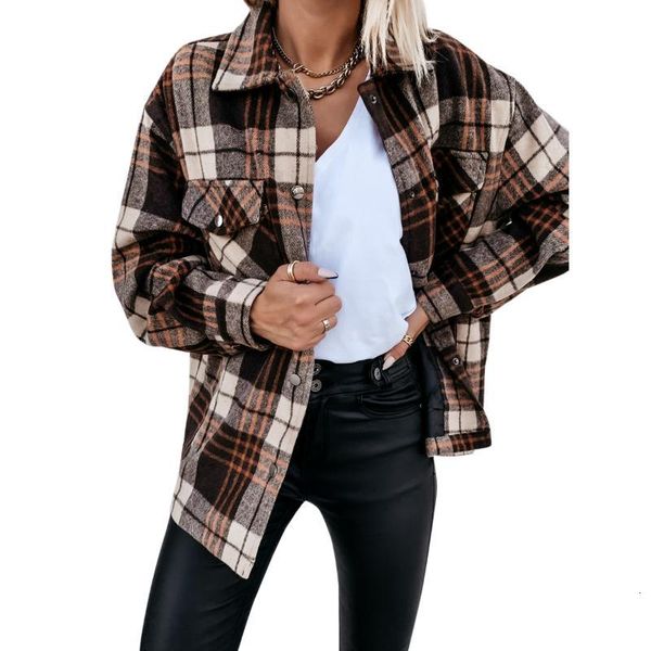 

women's jackets women's cotton turn down collar check lattice patchwork plaid print jacket long sleeve ladies casual female loose, Black;brown