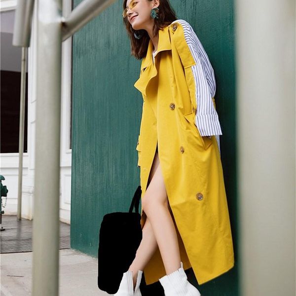 

women's trench coats striped patchwork long coat autumn women fashion lace up windbreaker sleeve loose overcoat, Tan;black