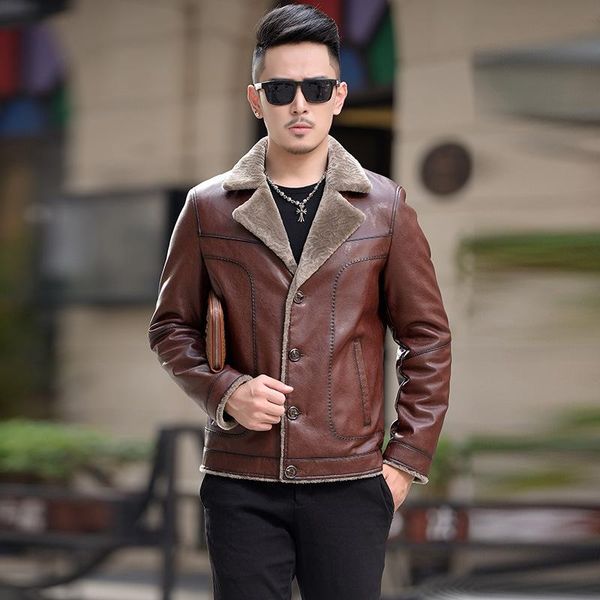 

jackets men's leather male moto jacket winter coat sheepskin & faux, Black