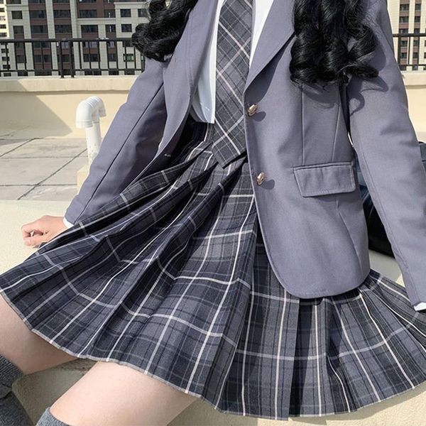 

high waist pleated plaid womens skirt lolita a line harajuku kawaii mini girls japanese school uniform, Black
