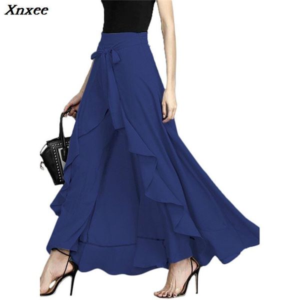 

xnxee 2021 bow tie ruffle maxi trousers skirt fashion high waist asymmetrical pantskirt quality women divided skirts, Black