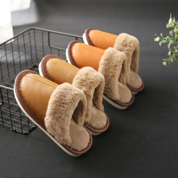 

children's leather waterproof non-slip plush cowhide warm slippers, Black