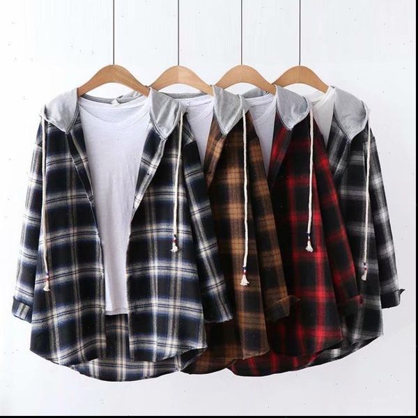

women womens shirts blouse woman plaid hooded shirt handsome cool girl harajuku aesthetic streetwear casual loose t with hat, White
