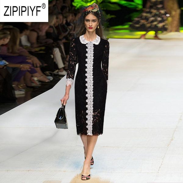 

casual dresses sweet girls fashion 2021 autumn lace doll neck high waist long sleeve elegant party office lady z2516, Black;gray