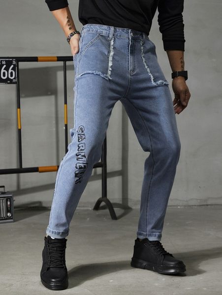 

men letter graphic raw trim jeans t6nf#, Blue