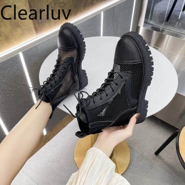 

mesh ankle boots holes sandals high-lace-up round toe casual british style cutout, Black