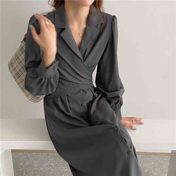 

female solid elegant dress women bandage midi split office lady designer casual korean style one-piece 71b 210420, Black;gray