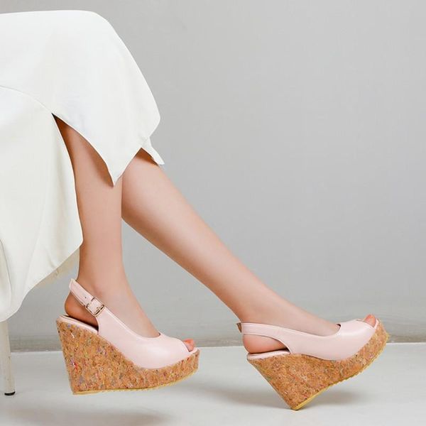 

big size 43 women pu leather peep toe sllingback sandals woman ultra high wedge heels platform heeled shoes black pink footwear