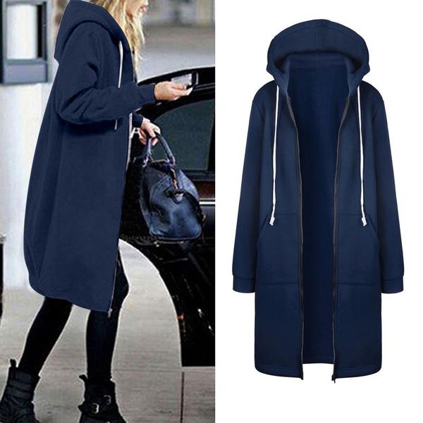 

women's wool & blends autumn spring windbreaker long coat warm zipper open hoodies sweatshirt plus female jackets outwear, Black