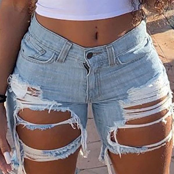 

jeans women's summer hollow out ripped denim shorts trendy internet celebrities plus size streetwear, Blue