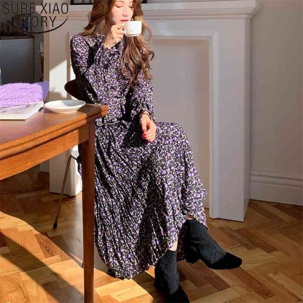 

floral print chiffon dress high waist vintgae purple long flare sleeve pleated es ruffled midi es 14153 210506, Black;gray