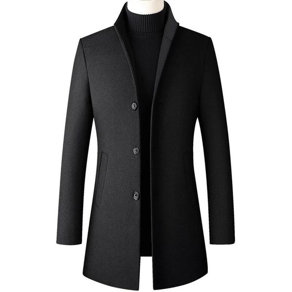 

men's wool & blends highquality winter 30% men thick coat stand collar male fashion blend outwear jacket smart casual trench plus size, Black