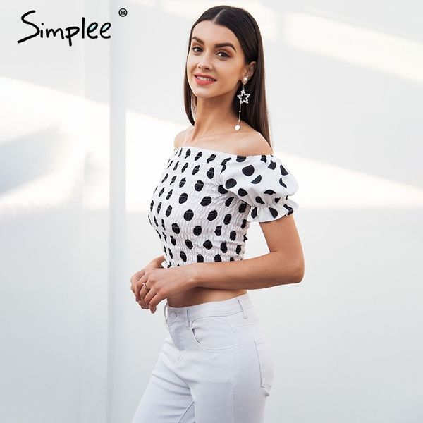 Chic camicia a pois casual donna elastico smocking skinny crop top manica a sbuffo canotta estiva corta canotta donna 210414