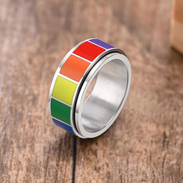

wedding rings 8mm titanium steel rotatable ring for men colorful rainbow round finger gay friendship pride jewelry, Slivery;golden