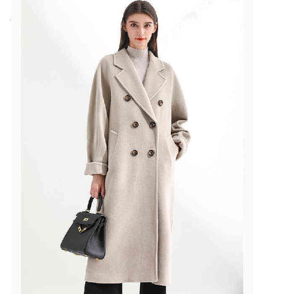 

autumn and winter 2021 high-end solid color double breasted double-sided tweed medium long coat women's, Black