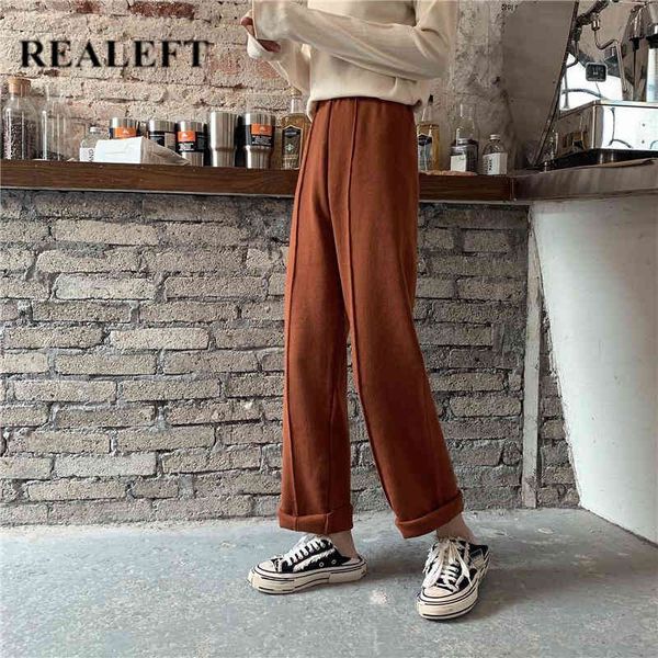 

autumn winter chic knitted wide-legged pants high waist loose fashion korean style casual long trouser ladies 210428, Black;white