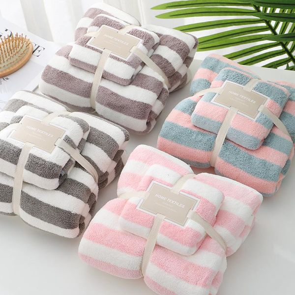 

towel 2pcs/set striped coral fleece absorbent hair swimming face hand bath sets