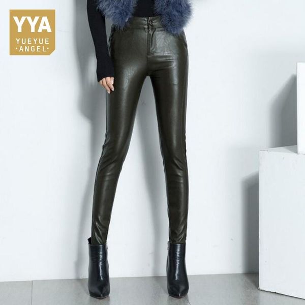

women's pants & capris 2021 winter women leather skinny office lady fleece lining trousers high waist sheepskin pencil, Black;white