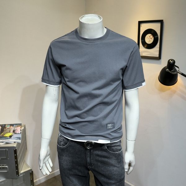 

fake two-piece t-shirt men's short sleeve round neck slim fit half sleeve t-shirt korean fashion versatile ice silk 2021 new style, White;black