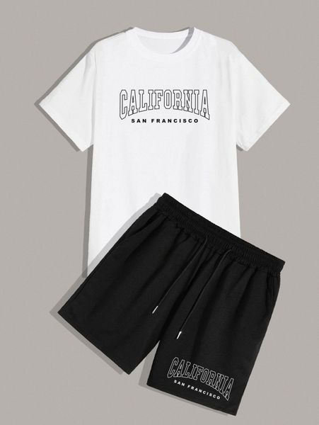 

romwe guys letter graphic tee & drawstring shorts b4ql#, Gray