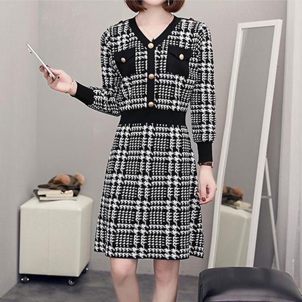 

casual dresses lukaxsikax 2021 autumn winter women dress fashion retro buttons houndstooth pattern knitted sweater, Black;gray